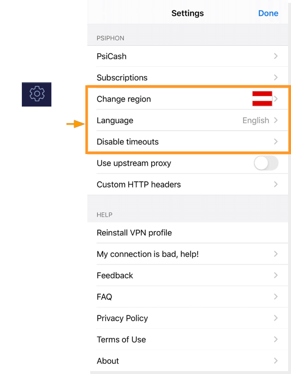 Captura de pantalla de pestaña de configuraciones de Psiphon para iOS