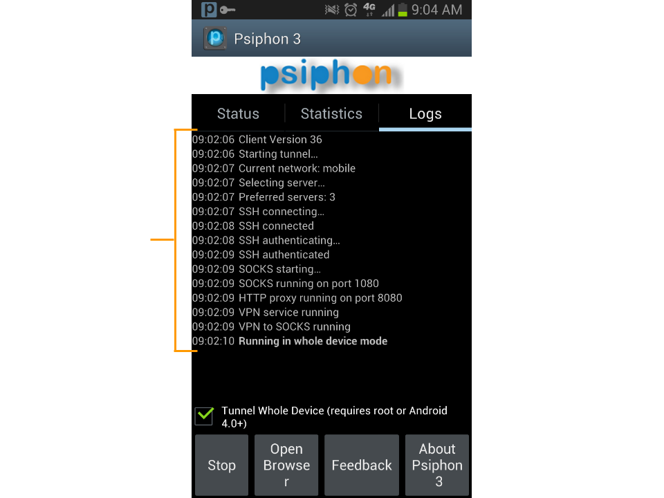 在安卓日志面板上，显示 Psiphon 在安卓中运行的图像