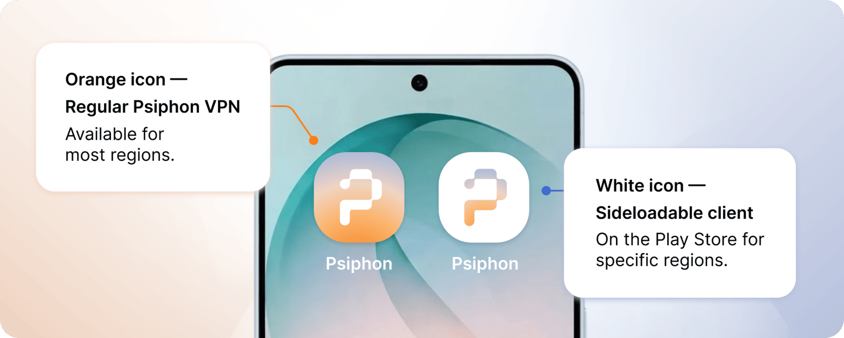 Los dos iconos de la aplicación de Psiphon para Android uno al lado del otro: el icono blanco es el cliente instalable de forma externa, también disponible en Play Store para regiones específicas; el icono de color es la VPN habitual de Psiphon con soporte para suscripciones.