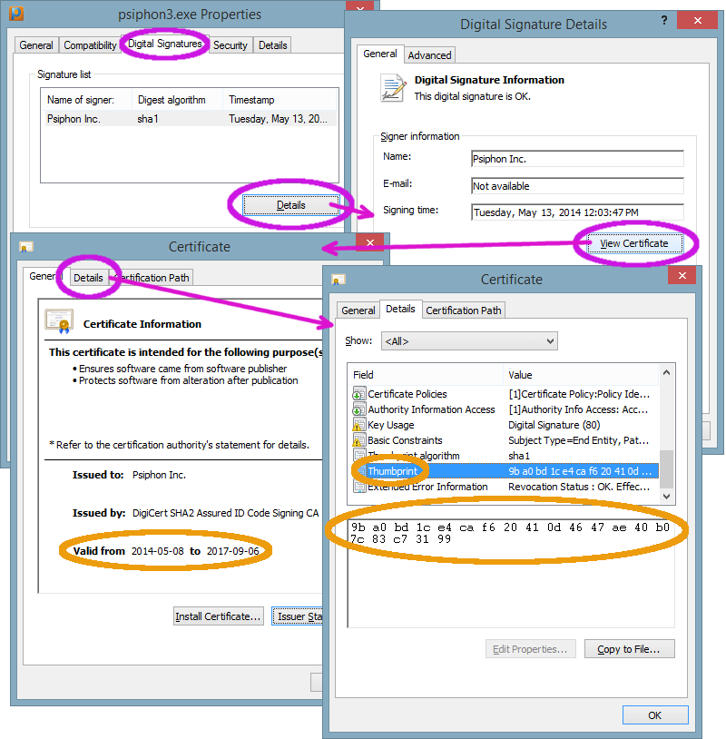 El flujo de cuadros de diálogo necesario para encontrar la huella digital del certificado de Psiphon para Windows: Propiedades del archivo, pestaña Firmas digitales, Detalles, Ver certificado, luego la pestaña Detalles que muestra la Huella digital.