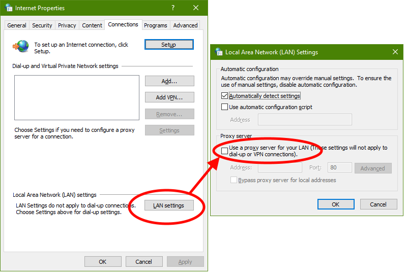 Propiedades de Internet, pestaña Conexiones: el botón Configuración de LAN abre Configuración de la red de área local (LAN), donde "Usar un servidor proxy para la LAN" está desmarcado.